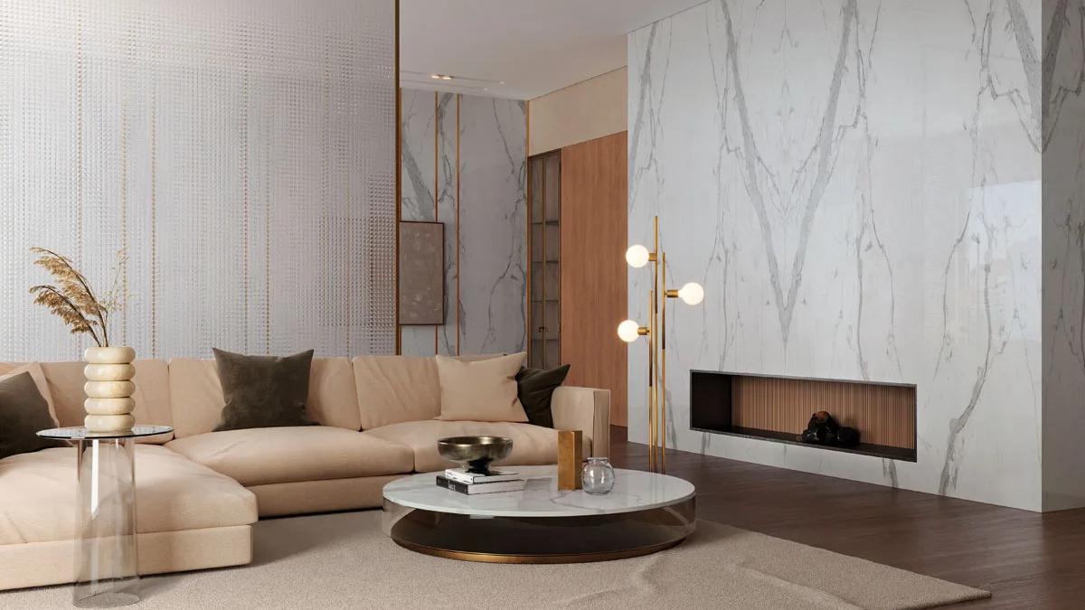 Modern living room with Statuario Principe porcelain slabs fireplace wall and gold floor lamp