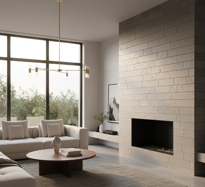 Close-up detail of cement look subway tile texture showing authentic concrete appearance and matte finish