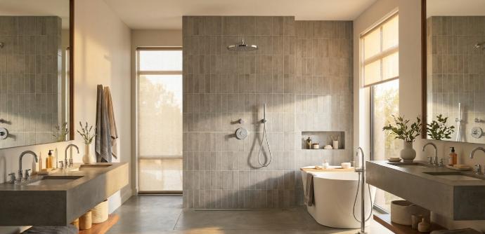 Grey cement look porcelain subway tiles in vertical layout on bathroom shower wall with chrome fixtures
