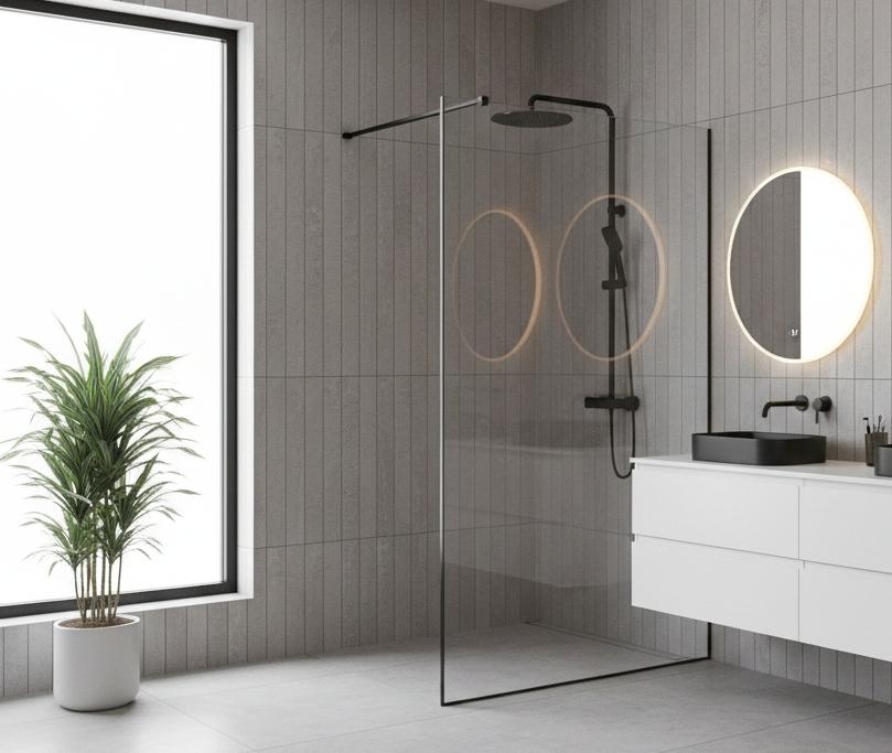 Modern bathroom shower with gray cement look subway tiles installed in vertical pattern on walls