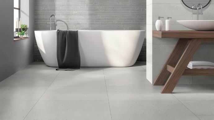 Bathroom with City Sidewalk 24x24 Matte Cement Look Porcelain Tile flooring.