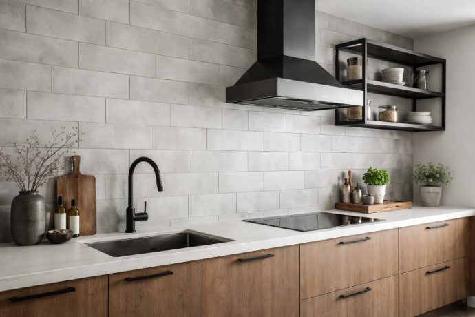 Cement look subway tiles in modern kitchen with wood cabinets