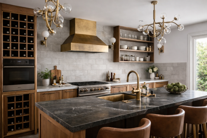Cement look subway tiles kitchen with brass range hood and dark countertops