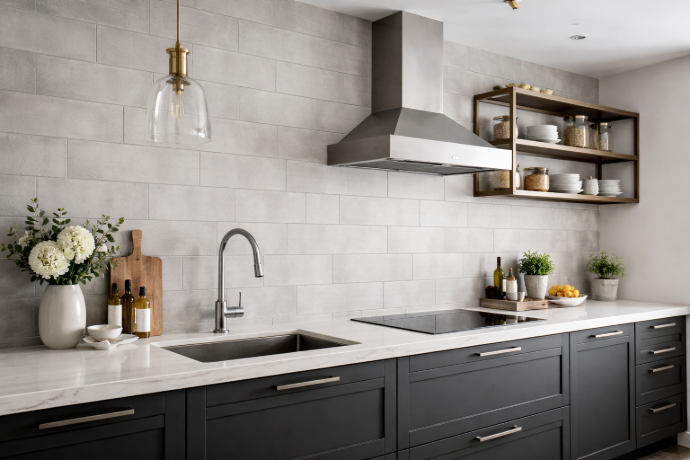 Cement subway tile kitchen backsplash dark cabinets