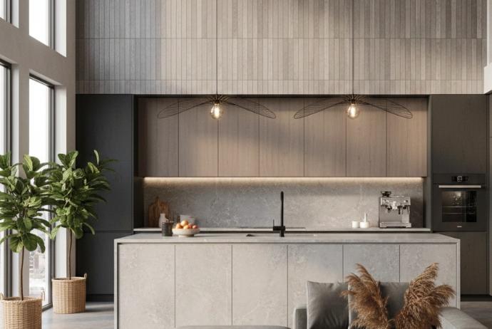 vertical stack concrete look subway tile