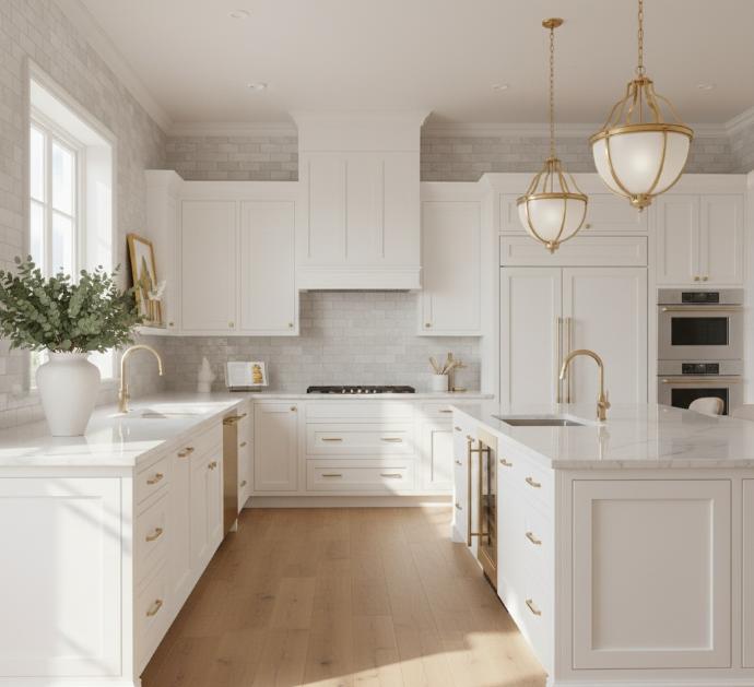 Full kitchen view featuring limestone look subway tile backsplash paired with white cabinets and quartz countertops