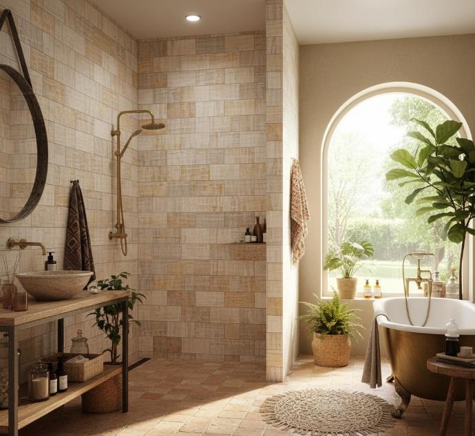 Fabric look subway tiles in matte finish creating textured shower wall with limestone-inspired pattern