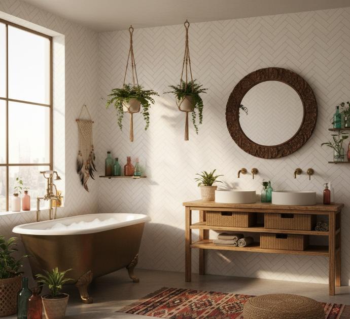 Herringbone installation of porcelain subway tiles with fabric texture for modern bathroom design