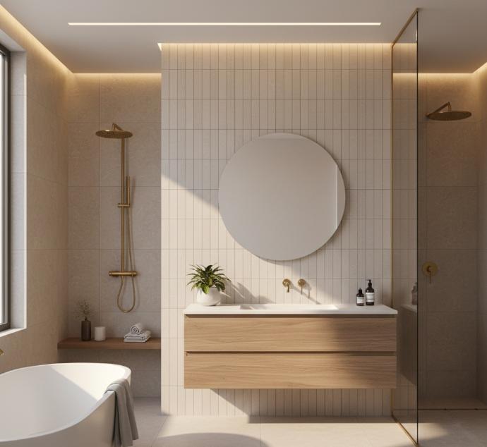 Modern bathroom featuring vertical limestone look subway tiles behind floating vanity with brass fixtures