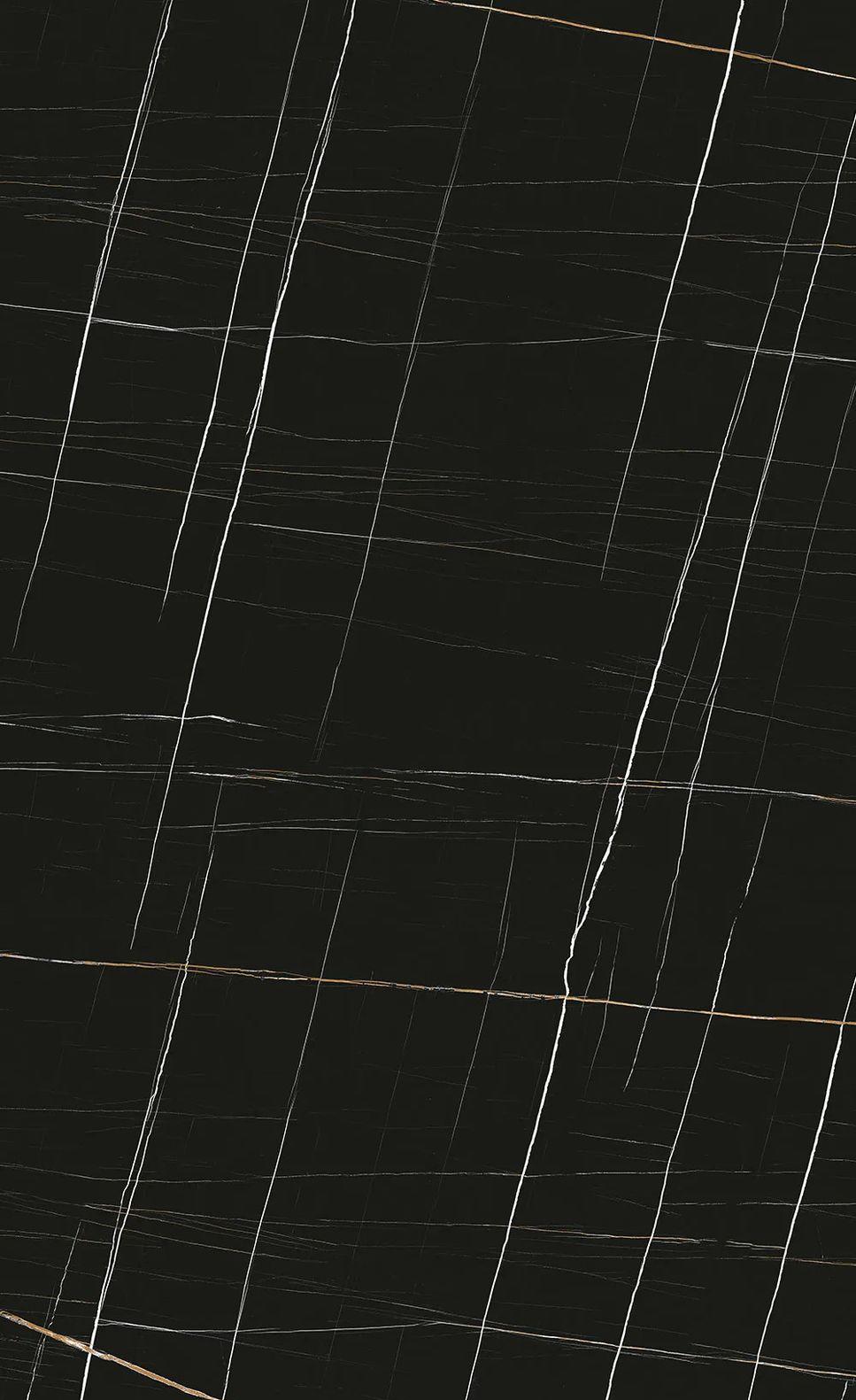 Close up of Sahara Noir porcelain slabs showing deep black base with white gold veining.