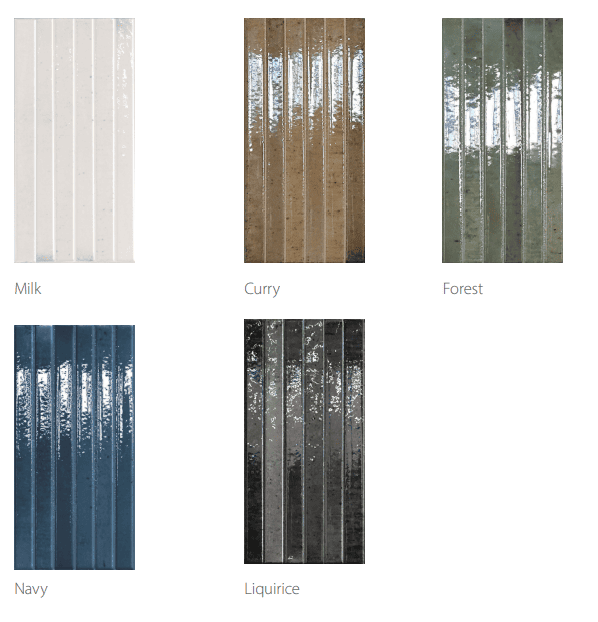 Linear 5x10 glossy 3D decorative subway tile available in six colors: Milk, Curry, Forest, Navy, and Liquirice