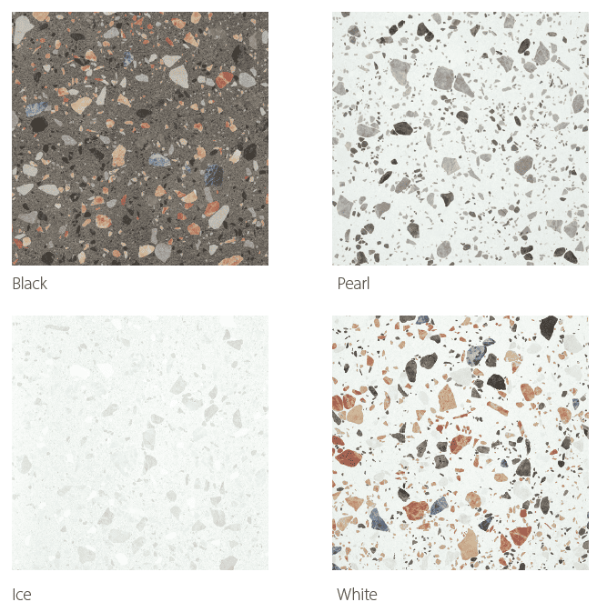 Terrazzo look tile available in Black, Pearl, Ice, and White color options