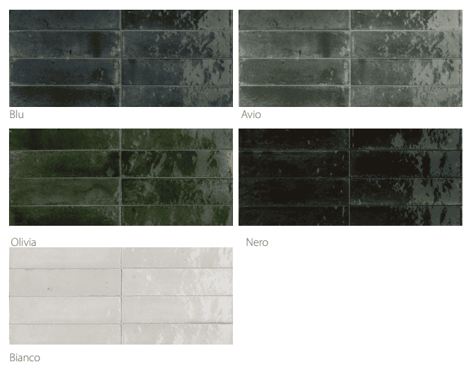 Cyprus porcelain subway tile collection in 2x9 glossy finish, showing Blu, Avio, Olivia, Nero, and Bianco color options