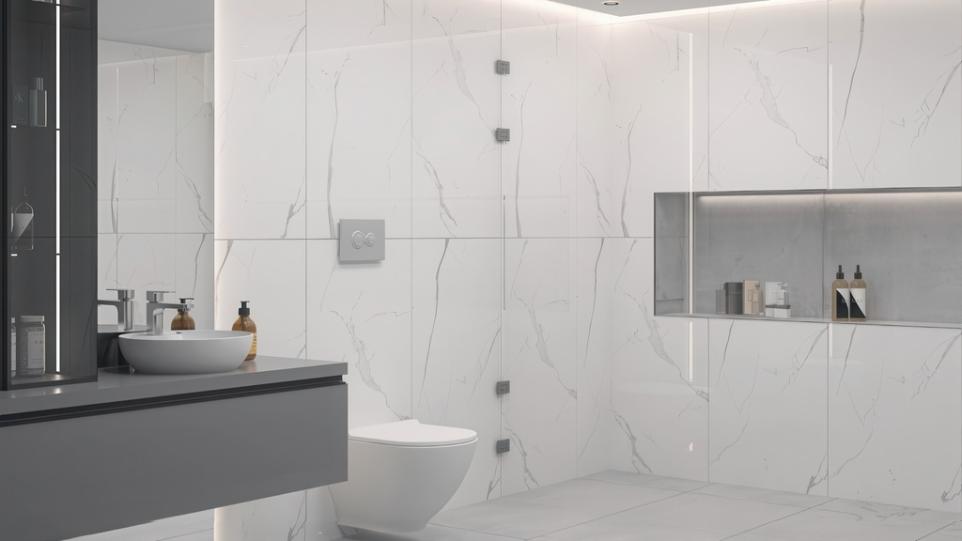 Venezia 24x48 Polished Marble Look Porcelain Tile showcasing a sleek, marble-inspired bathroom design.