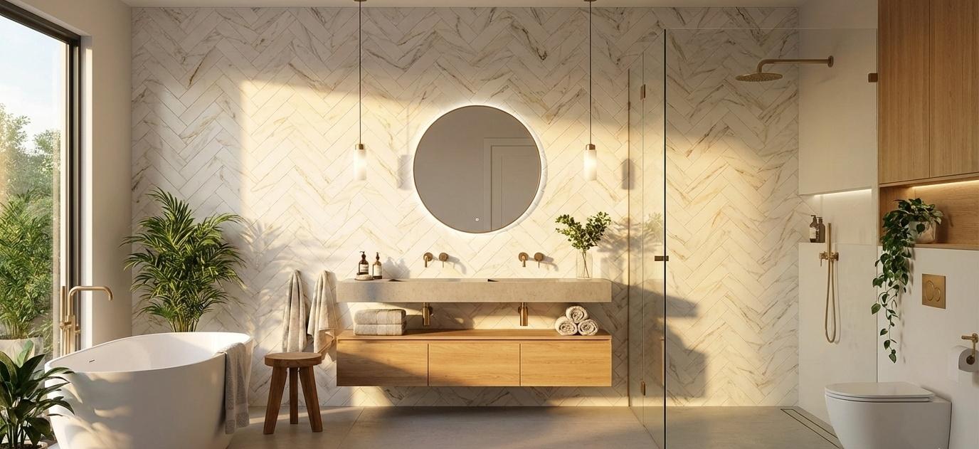 Satin finish stone look subway tiles on bathroom floors creating spa-like atmosphere