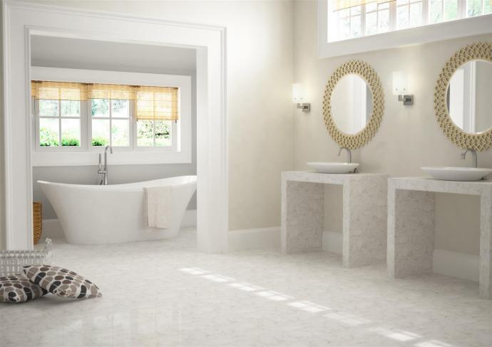 bathroom quartz look subway tile