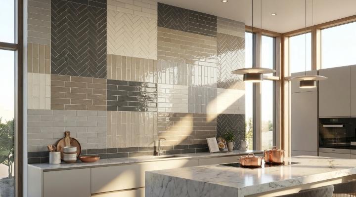 Kitchen wall showing the design arrangement of subway tiles in mixed patterns and neutral tones.