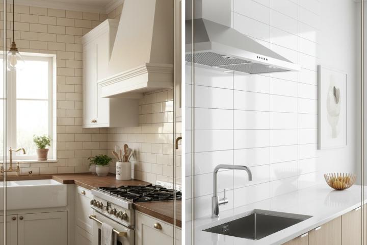 A high-end contemporary kitchen showcasing a comparison of subway tile layouts