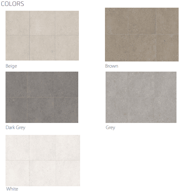 City Sidewalk matte cement look porcelain mosaic tile in five colors: Beige, Brown, Dark Grey, Grey, and White, with specifications including sizes 24x48, 24x24, 12x24, and mosaic options
