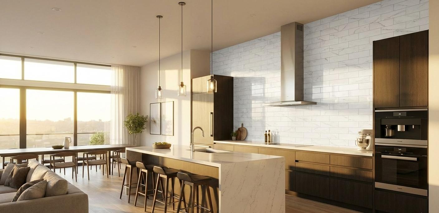 White quartz-look subway tile backsplash in modern kitchen