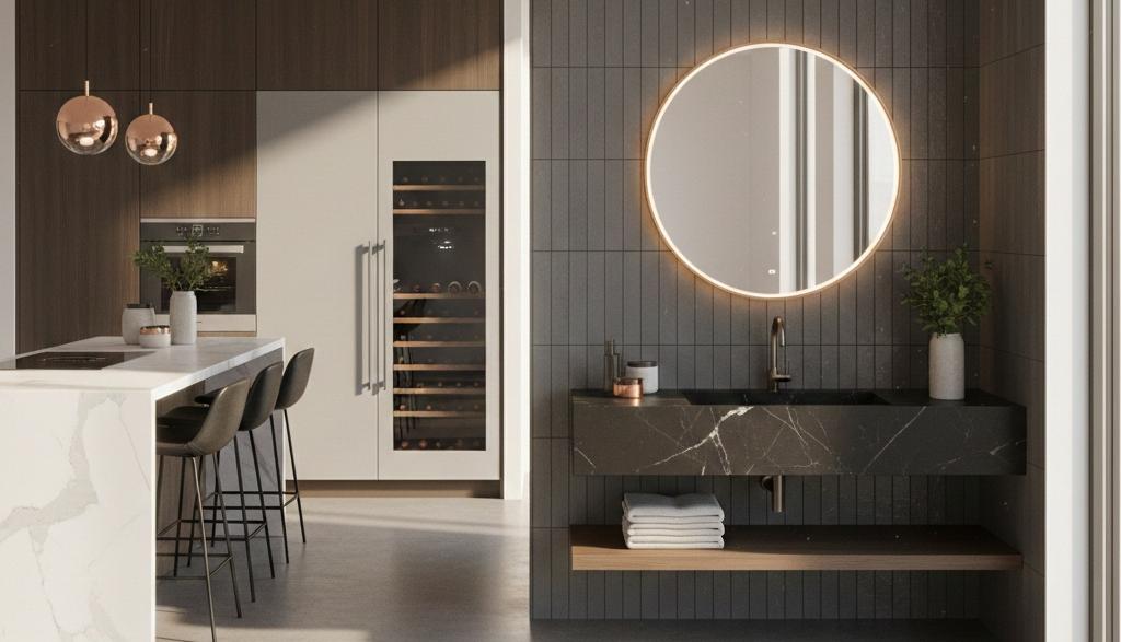 Grey subway tiles arranged vertically creating sophisticated powder room design