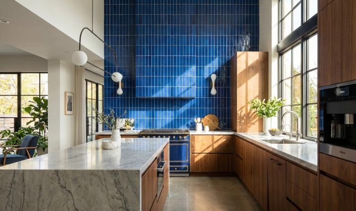 Glossy blue subway tiles in vertical pattern enhancing bathroom height perception