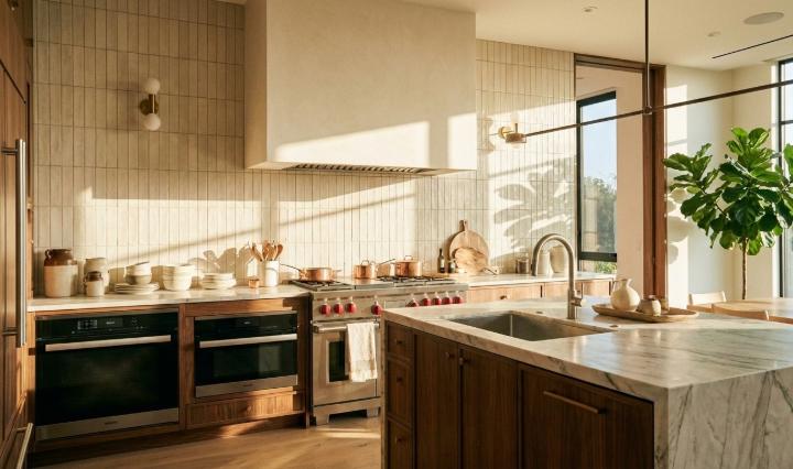 Matte porcelain subway tiles installed vertically behind kitchen cooking area
