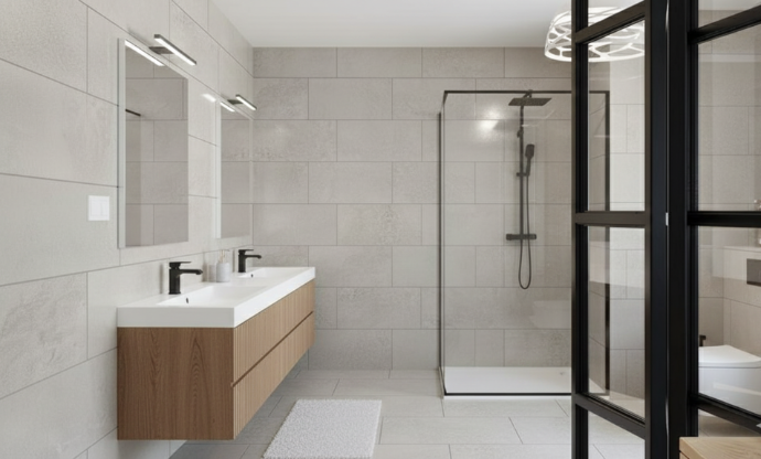 Modern bathroom featuring Oregon 12x24 Matte Stone Look Porcelain Tile.