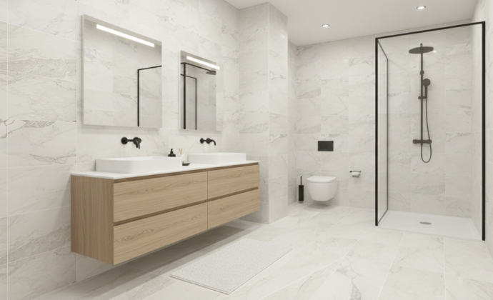 Luxury bathroom with Luxe 12x24 Honed or Polished Luxury Stone Look Porcelain Tile, wood vanity, and glass shower.