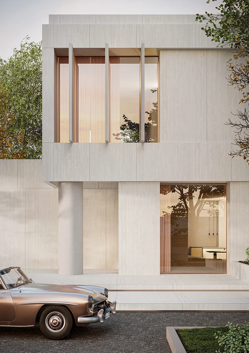 Two story residence featuring Travertino Bianco porcelain slabs on facade with large windows and carport.