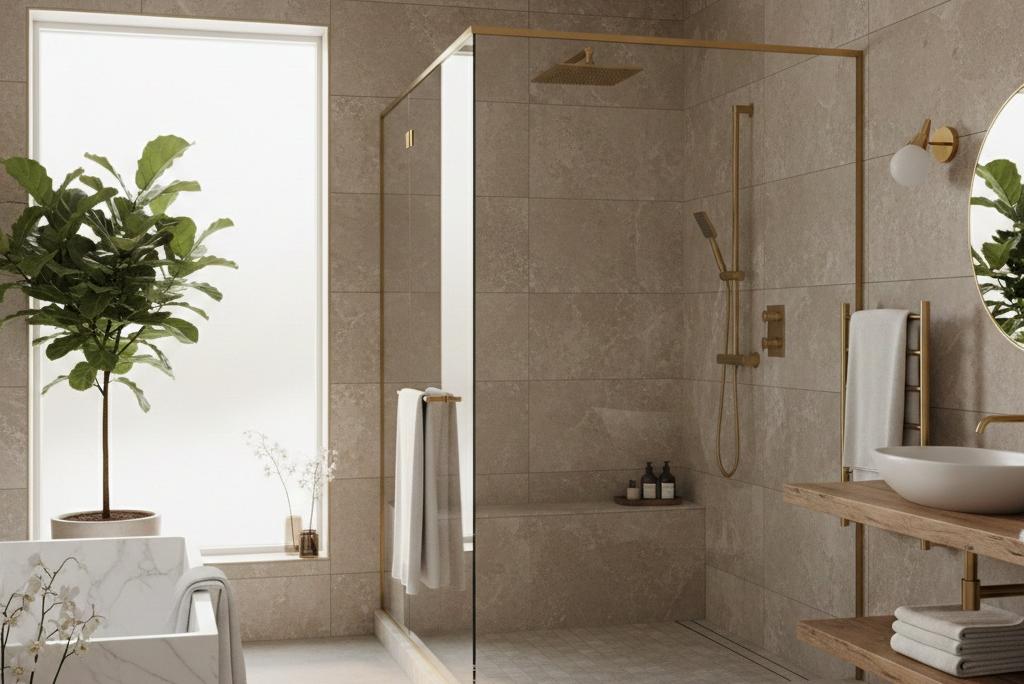 Matte finish stone look porcelain subway tiles installed in modern shower with natural texture and slip-resistant surface