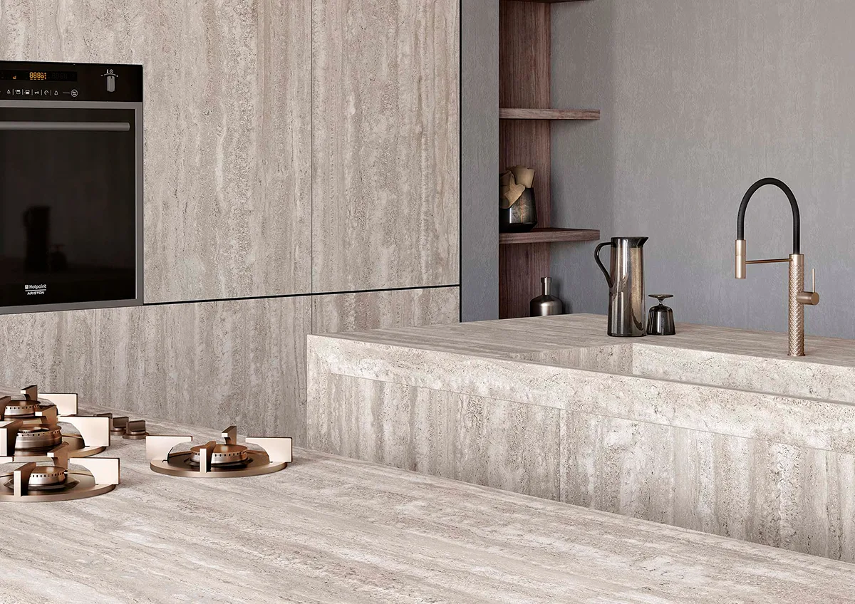 Travertino Chiaro Porcelain Slabs | Large Format Countertops