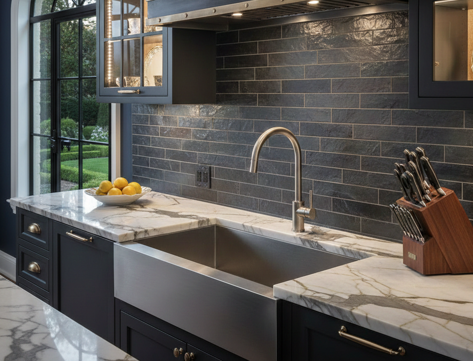 Dark travertine look subway tile backsplash in modern kitchen