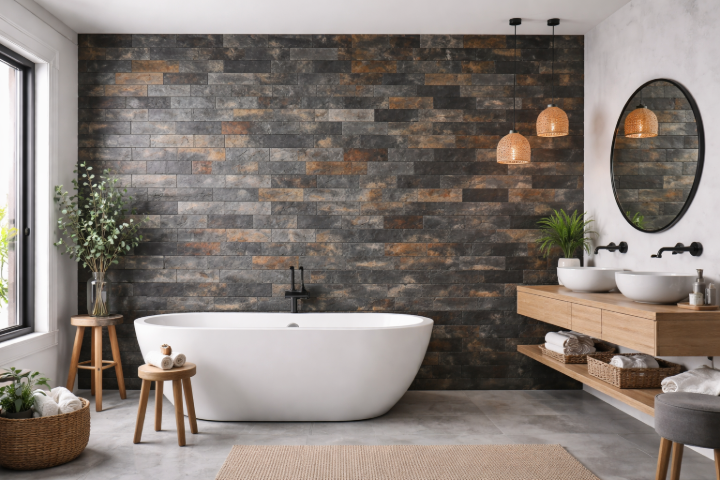 Luxury bathroom featuring slate look subway tiles color variations in earthy charcoal and rust tones on a statement wall behind a freestanding tub