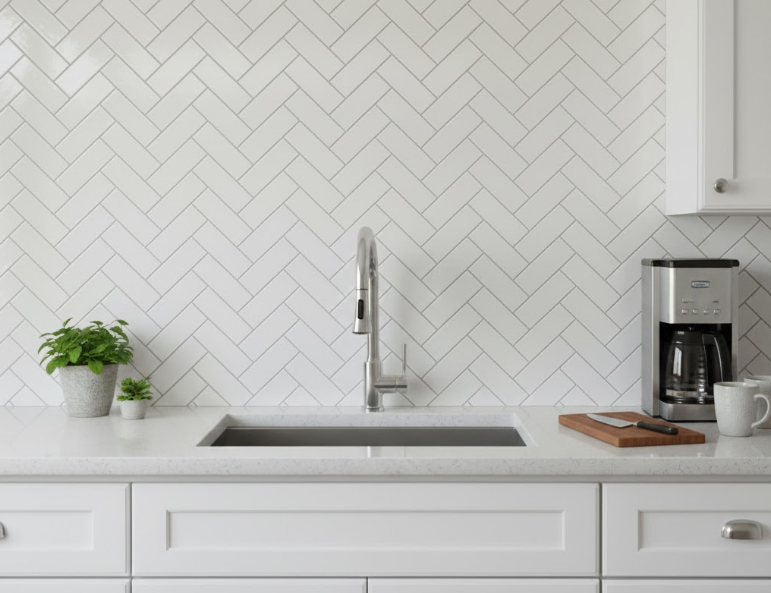 White herringbone subway tiles in modern kitchen backsplash installation
