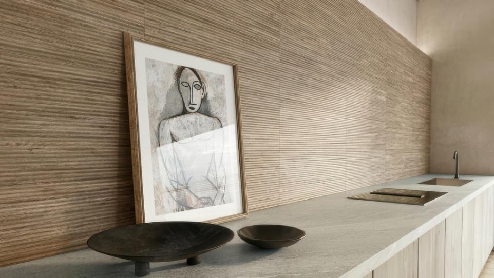Aura Honey wood look porcelain tile installed vertically in modern minimalist kitchen