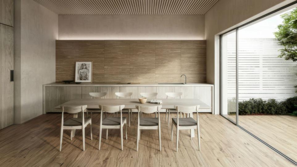 Wood look subway tiles for modern kitchens, Aura Matte 3D ceramic backsplash with white cabinets