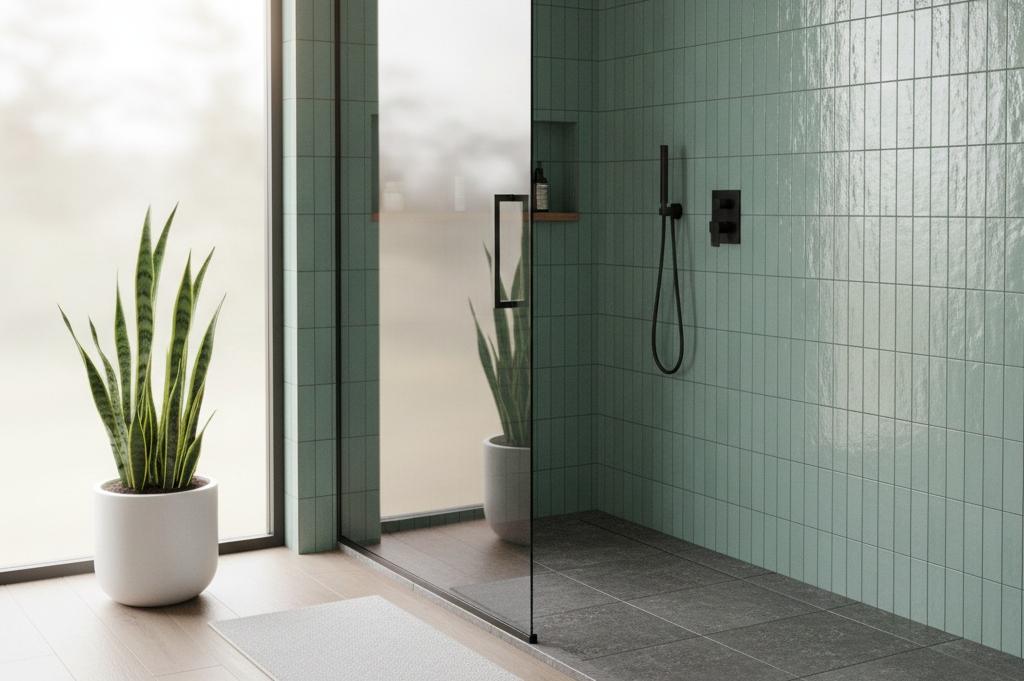 Vertical subway tile installation in bathroom shower featuring water-resistant Zellige look ceramic tiles