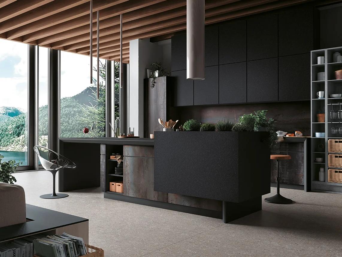 Contemporary kitchen design showcasing Metal Dark porcelain slabs flooring with sleek dark minimalist aesthetic.