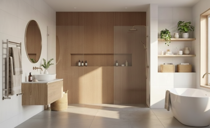 Open-concept wet room with wood look subway tiles for wet room and gold fixtures.