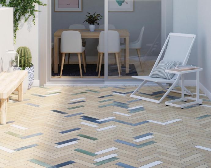 Outdoor patio featuring herringbone Zellige Look Subway Tiles For Floors.