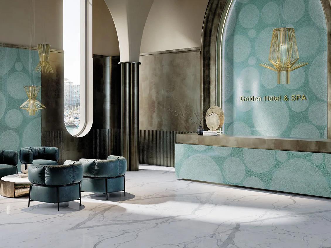 Holos Andaman Emerald Porcelain Slabs installed as feature wall in elegant modern bathroom interior.