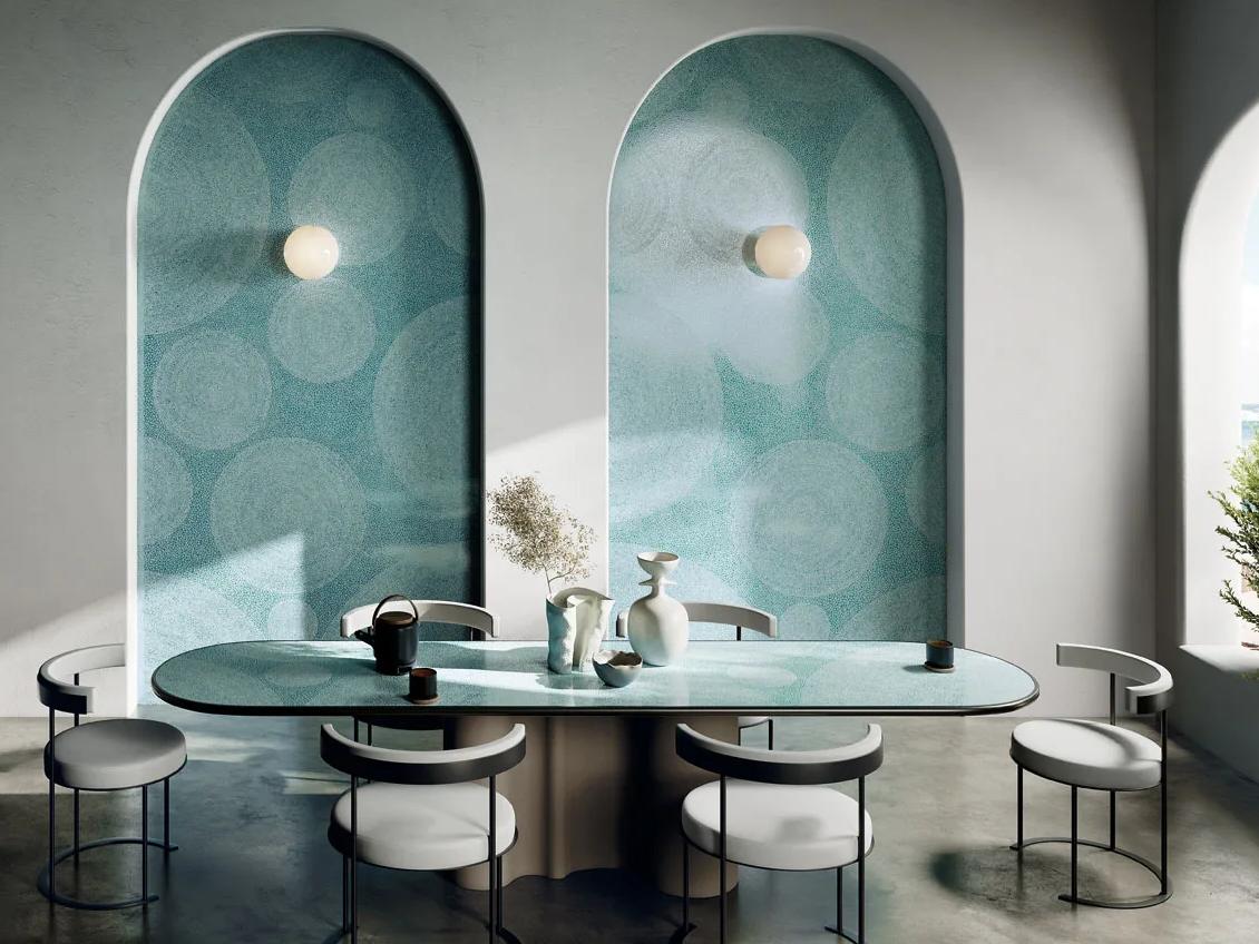 Holos Andaman Emerald Porcelain Slabs featuring elegant archways in modern interior design space.