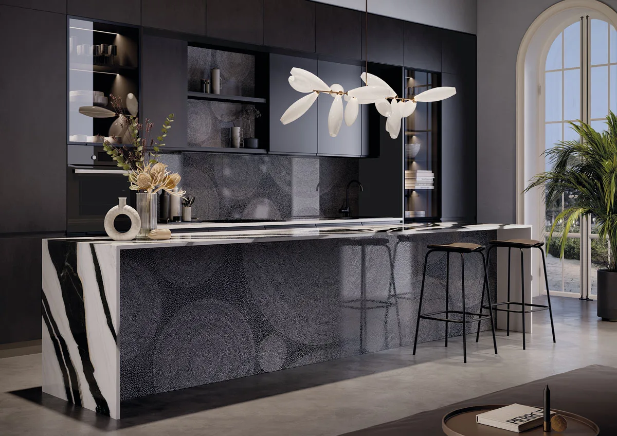 Holos Vik Black porcelain slabs installed as sophisticated feature wall in modern bathroom.