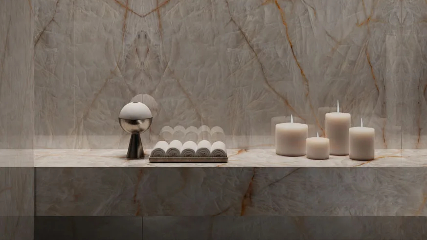 Elegant bathroom wall featuring Crystal Clear porcelain slabs with minimalist design and lighting.