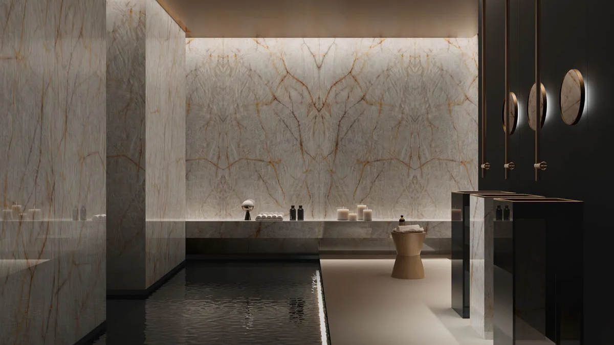 Luxurious ambient wall featuring Crystal Clear porcelain slabs in contemporary residential interior.