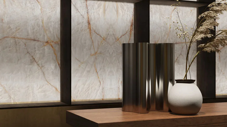 Crystal Clear porcelain slabs used as feature wall in contemporary room with natural lighting.