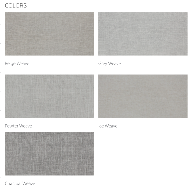 Enchanted fabric look porcelain tile color swatches showing beige, grey, pewter, ice, and charcoal weave finishes