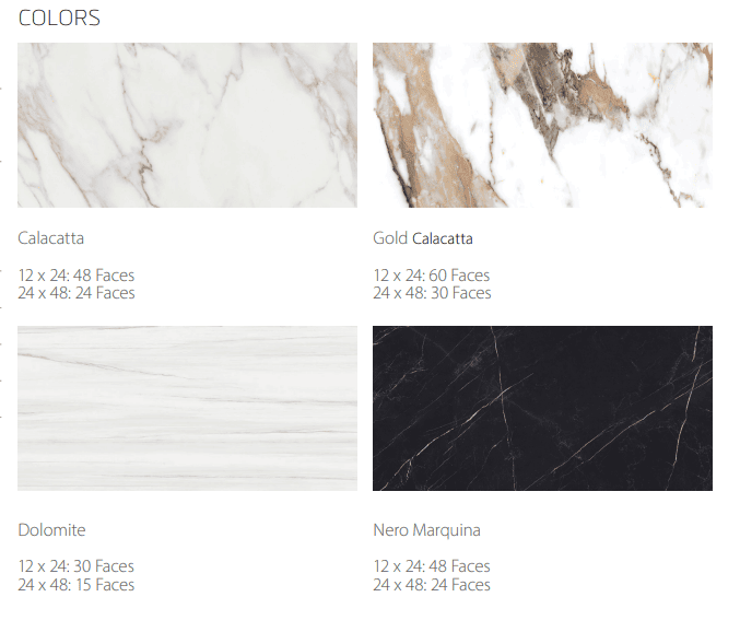 Epic marble-look porcelain tile samples in Calacatta, Dolomite, and Nero Marquina colors