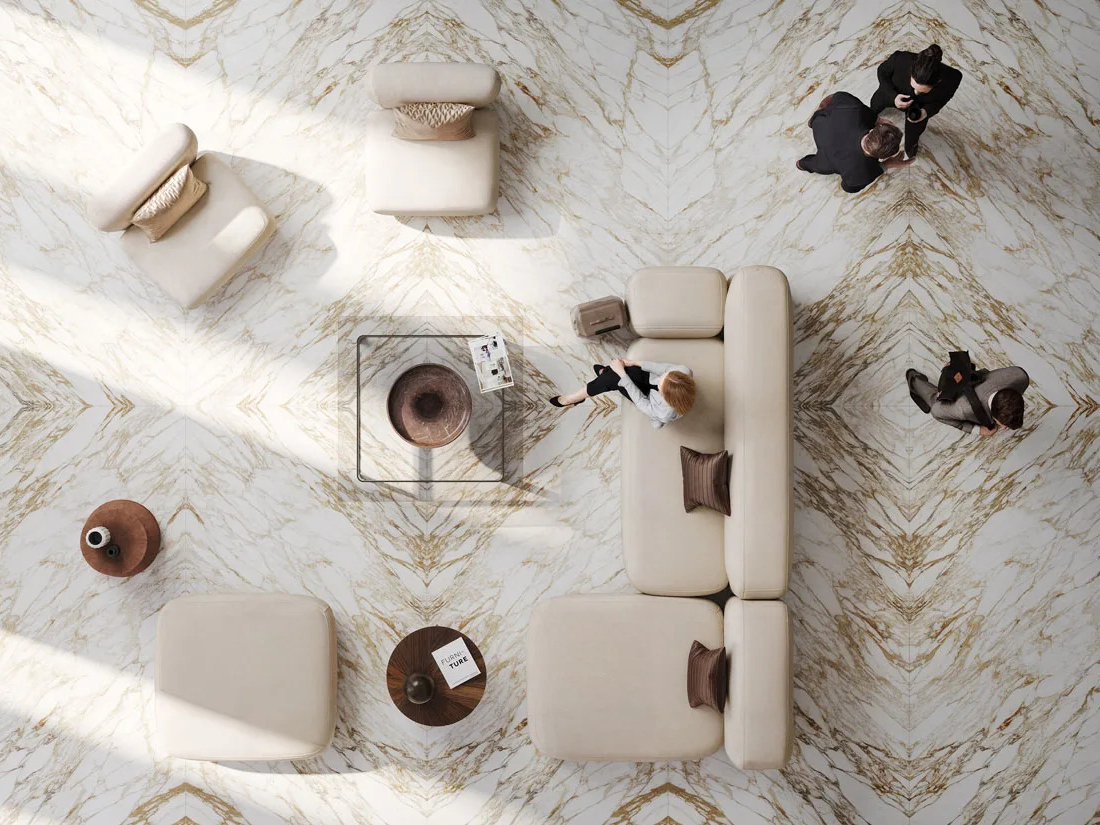 Overhead view of bathroom with Arabescato Diva Porcelain Slabs flooring and fixtures.